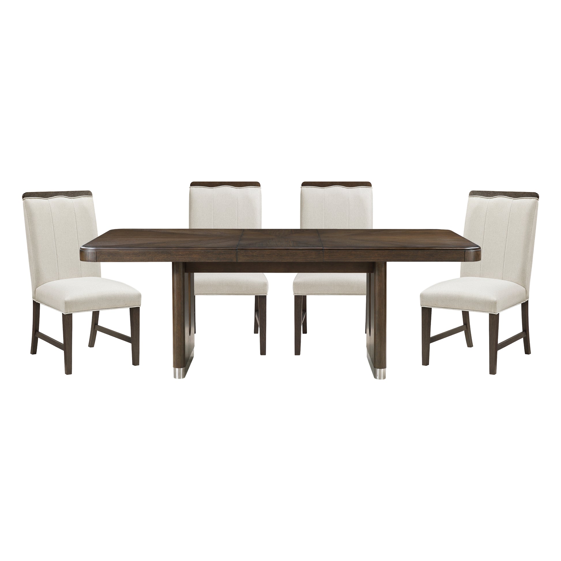 Modern Brown Finish Dining Set 5pcs Extendable Table with 4x Side Chairs Beige Upholstered Comfort Durable Metallic Accent Table Base Wooden Furniture