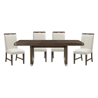 Modern Brown Finish Dining Set 5pcs Extendable Table with 4x Side Chairs Beige Upholstered Comfort Durable Metallic Accent Table Base Wooden Furniture