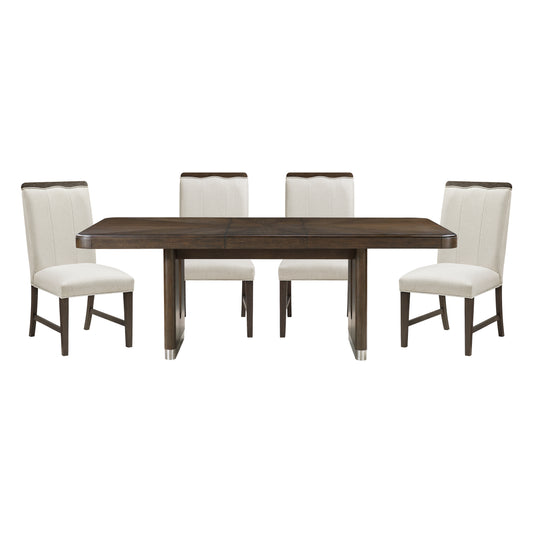 Modern Brown Finish Dining Set 5pcs Extendable Table with 4x Side Chairs Beige Upholstered Comfort Durable Metallic Accent Table Base Wooden Furniture