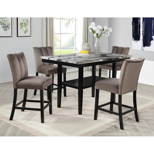 Modern 5 Piece Counter Dining Set, Marble Finish Wood Top Dining Table with Bottom Shelf and 4 Side Chair Set, Black/Brown