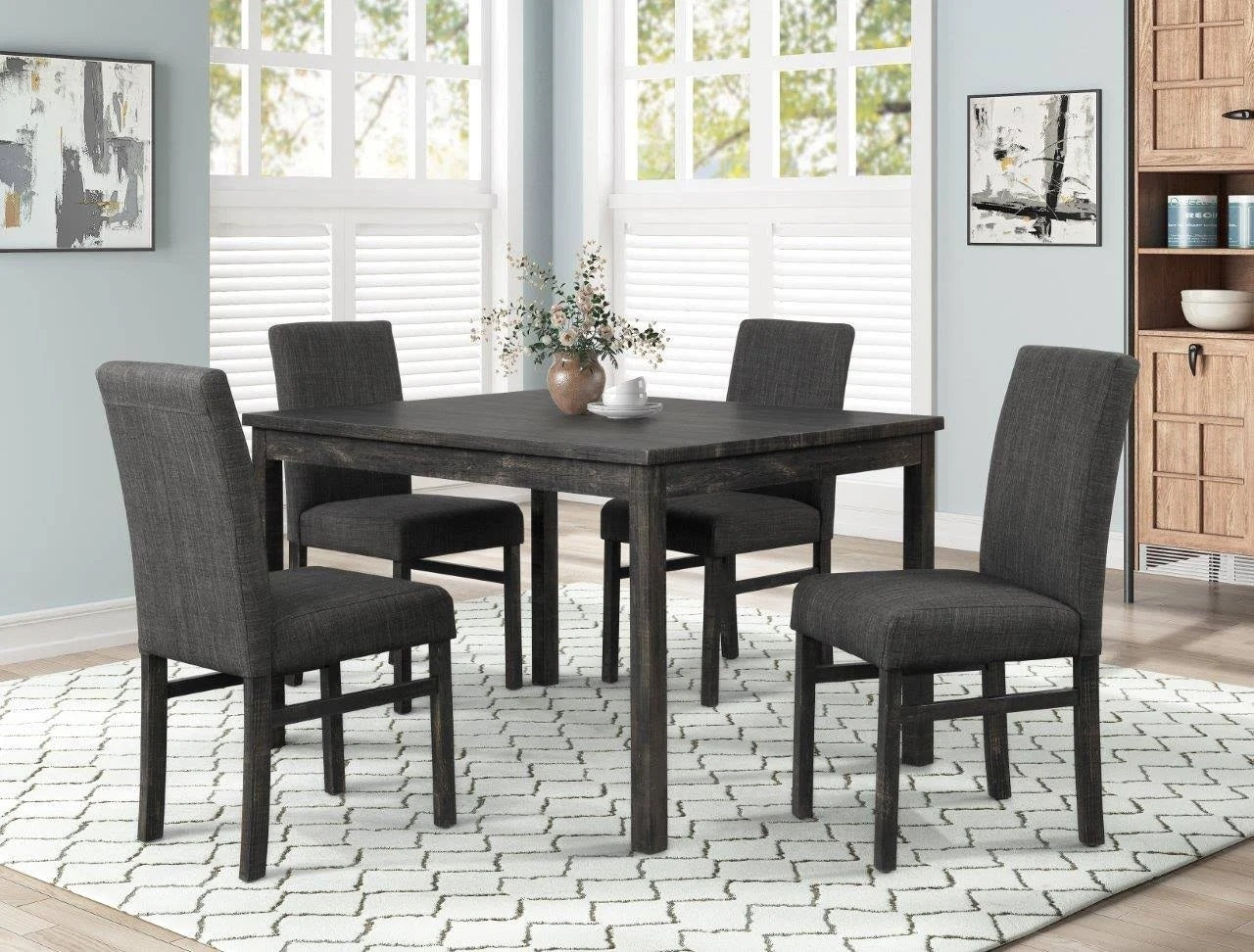 5 Piece Transitional Dining Room Set 48" Wood Dining Table with 4 Upholstered Side Chairs, Charcoal Finish