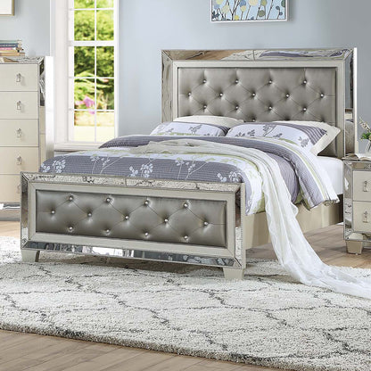 Glamorous Silver Faux Leather Tufted Headboard FB 1pc California King Size Bed Mirror Trim Bedroom Furniture