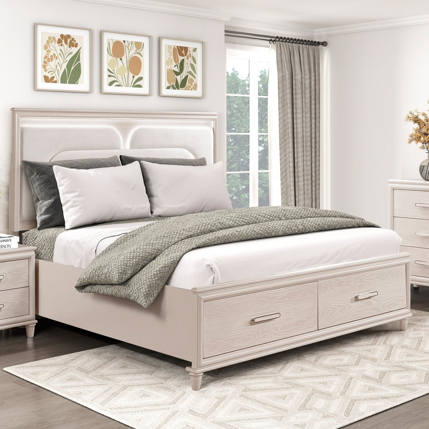 Modern Luxury California King Platform Bed with Footboard Storage Upholstered Headboard LED Light Wooden Bedroom Furniture 1pc