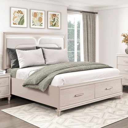 Modern Luxury California King Platform Bed with Footboard Storage Upholstered Headboard LED Light Wooden Bedroom Furniture 1pc