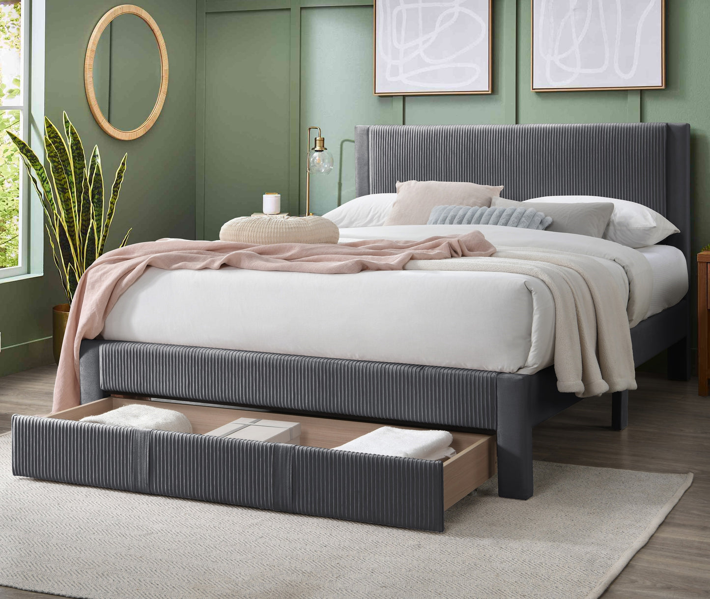 Contemporary 1pc Full Size Bed w Storage Drawer Charcoal Corduroy Texture Design Bedroom Furniture