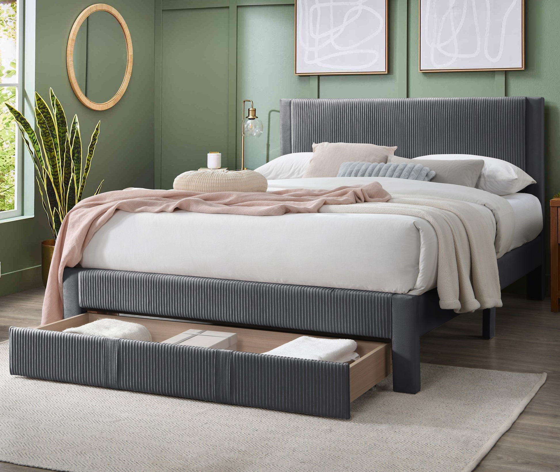 Contemporary 1pc Full Size Bed w Storage Drawer Charcoal Corduroy Texture Design Bedroom Furniture