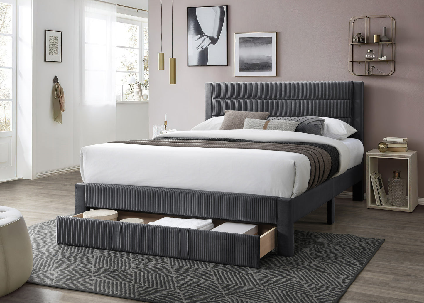 Luxury Contemporary Look 1pc Full Size Bed w Storage Drawer Charcoal Corduroy Headboard Bedframe