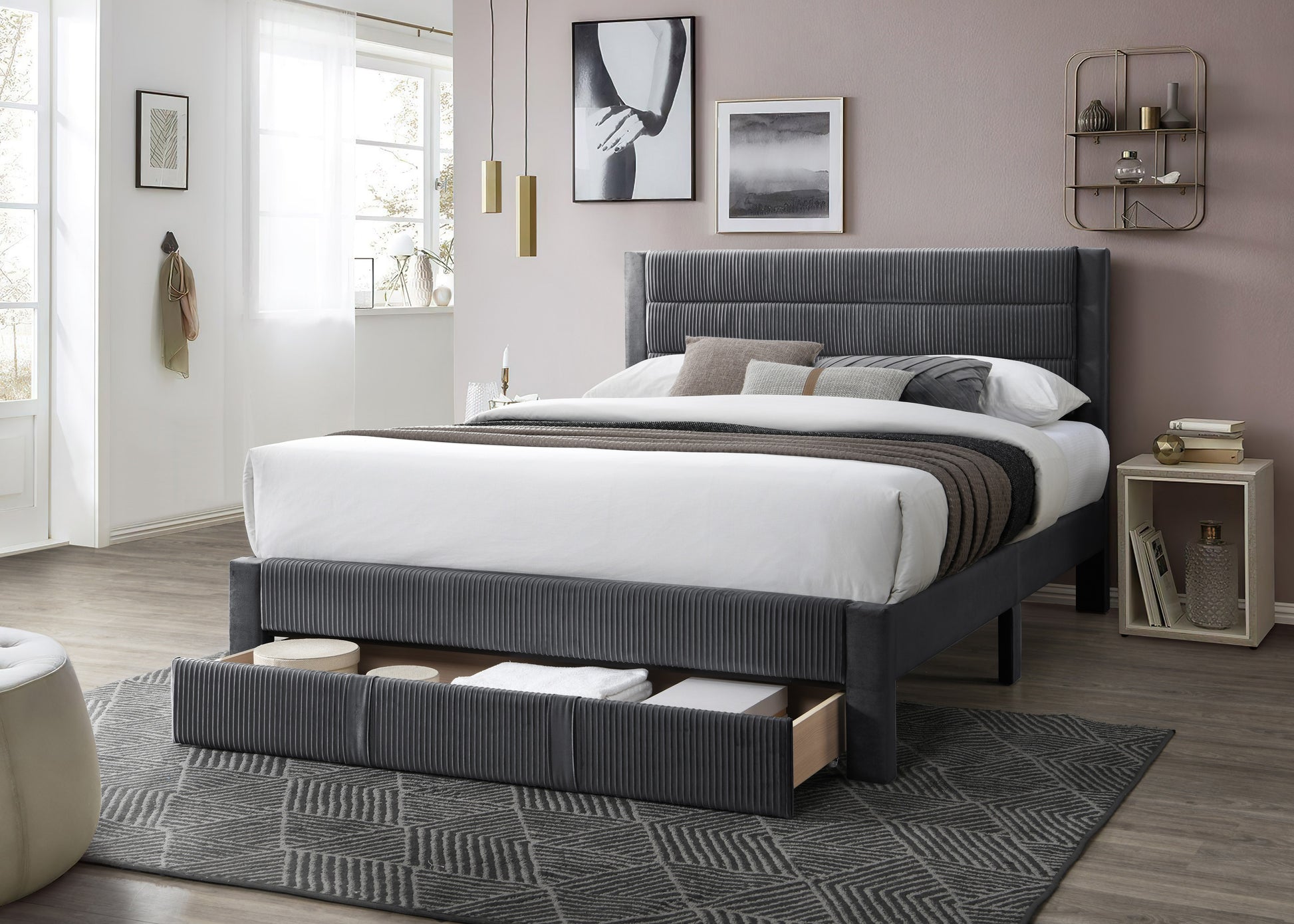 Luxury Contemporary Look 1pc Full Size Bed w Storage Drawer Charcoal Corduroy Headboard Bedframe