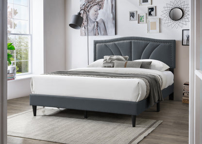 Modern Vintage Look 1pc Full Size Bed Charcoal Burlap Fabric Nailhead Trim Accents Headboard Bedframe