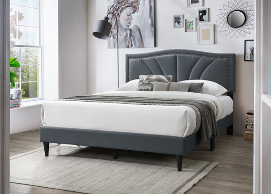 Modern Vintage Look 1pc Full Size Bed Charcoal Burlap Fabric Nailhead Trim Accents Headboard Bedframe