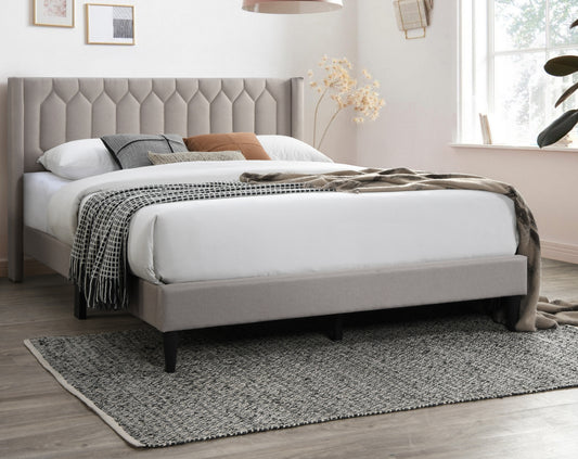 Modern Eye-Catching 1pc Full Size Bed Light Brown Burlap Fabric Unique Diamond Design Headboard Bedframe