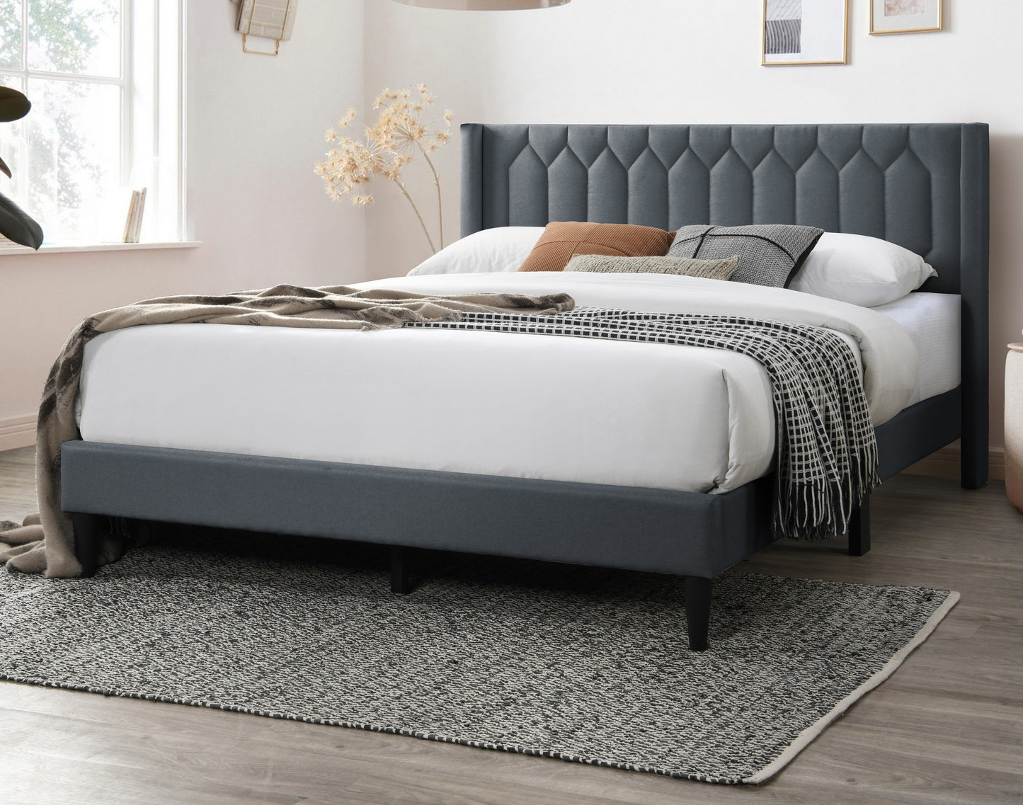 Modern Eye-Catching 1pc Full Size Bed Charcoal Burlap Fabric Unique Diamond Design Headboard Bedroom Furniture