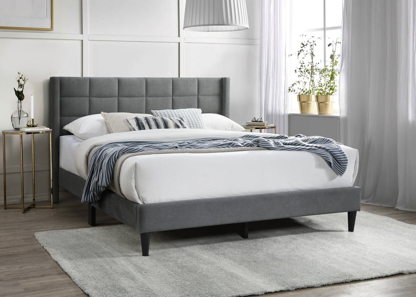 Elegant Modern 1pc Full Size Bed Upholstered Box Design Headboard Bedframe Gray Brushed Linen