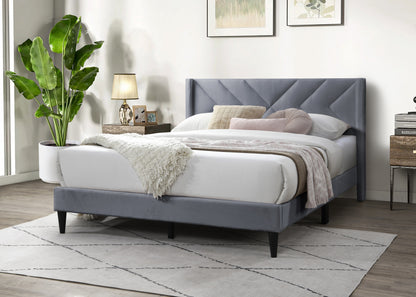 Elegant Modern Full Size Bed Clean Lines Design Headboard 1pc Gray Velvet Upholstered Bedframe