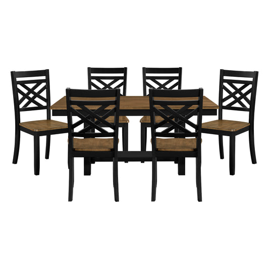 2-Tone Black Brown Finish 7pc Dining Set Table with Storage Shelf and 6x Side Chairs Modern Farmhouse Wooden Furniture