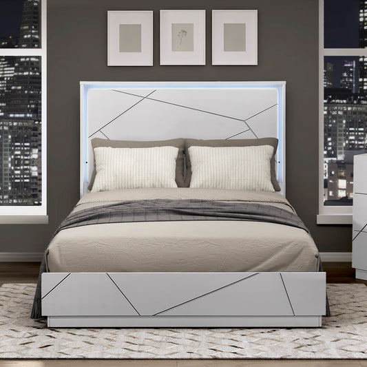 Glamorous White Finish Queen Size LED Light Headboard Bedroom Furniture 1pc Geometric Design Accents