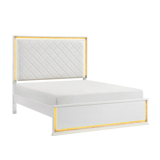 Contemporary Glam White Finish Queen Bed Upholstered Headboard LED Light 8-Colors Bedroom Furniture 1pc