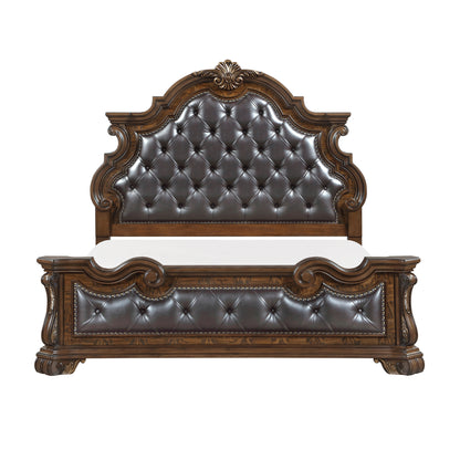Formal Traditional Dark Brown Finish Luxury King Bed Tufted Headboard Intricate Carvings Gold Accent Detailing Bedroom Furniture 1pc