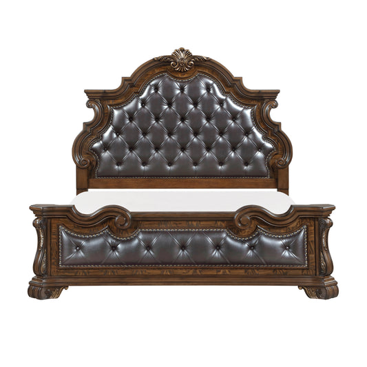 Formal Traditional Dark Brown Finish Luxury King Bed Tufted Headboard Intricate Carvings Gold Accent Detailing Bedroom Furniture 1pc