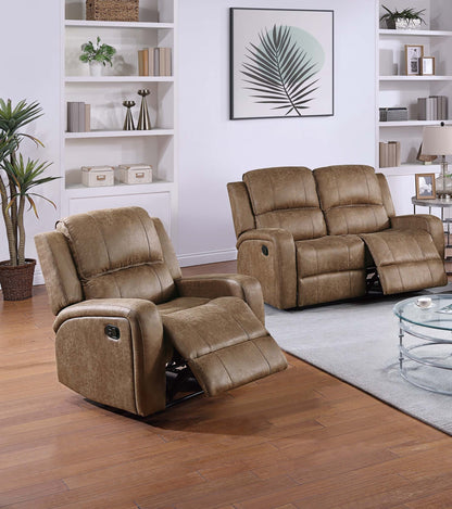Modern 2pc Living Room Set 1x Loveseat 1x Recliner Square Armrest Cushion Backrest Light Vertical Tufting Chestnut Finish Primary Living Room Furniture
