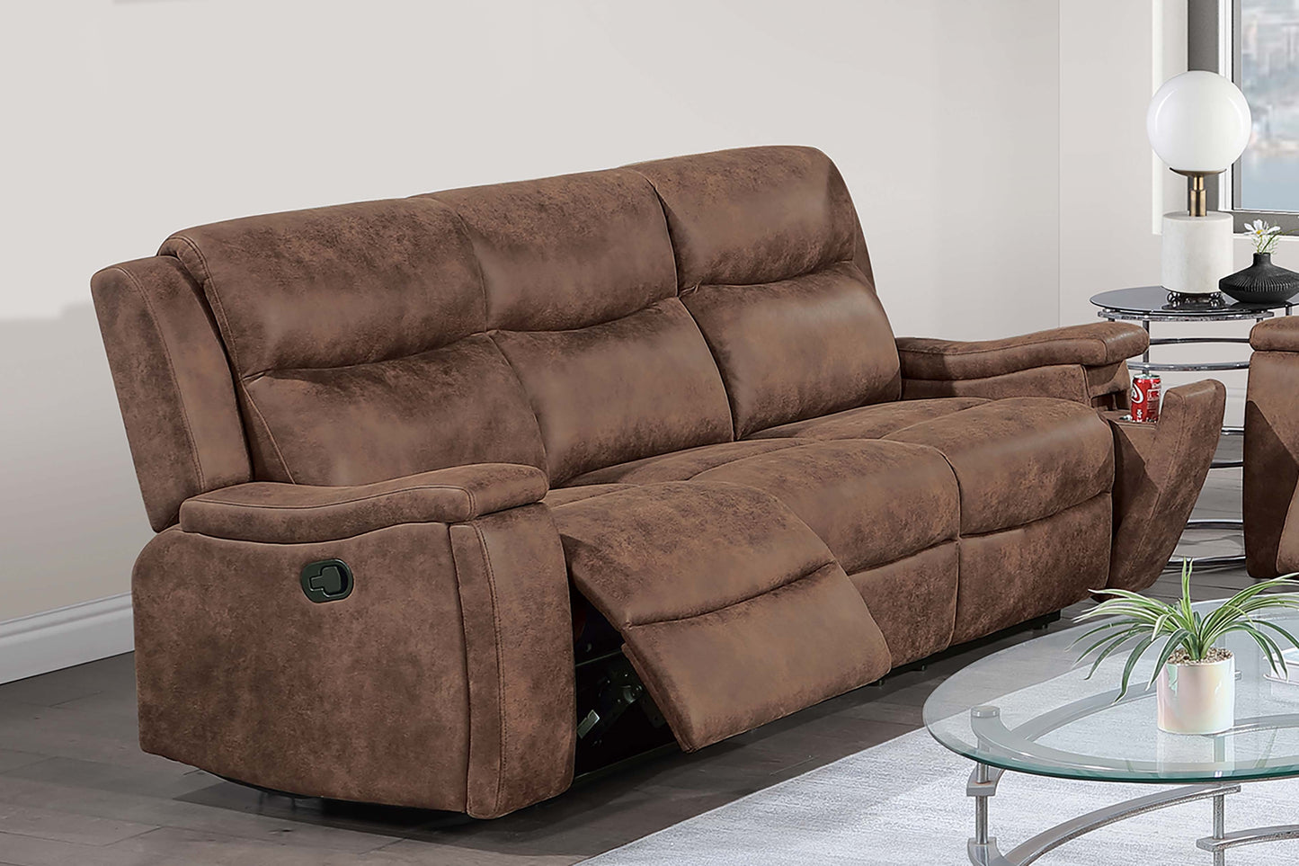Modern Style 1pc Manual Motion Sofa Console Loveseat Plush Back Cushion Cup Holder Walnut Finish Primary Living Room Furniture
