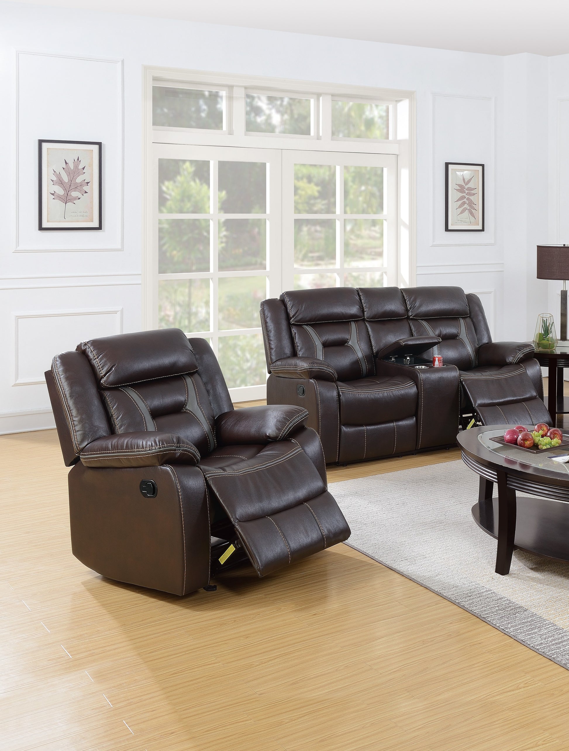 Modern Elegant 2pc Living Room Set Leatherette Padded Horizontal Tufting Pillow Armrest Cup Holder Dark Rosy Brown Finish Primary Living Room Furniture
