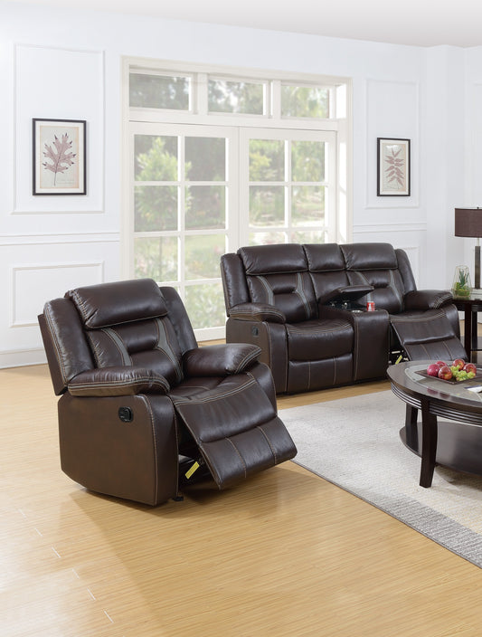 Modern Elegant 2pc Living Room Set Leatherette Padded Horizontal Tufting Pillow Armrest Cup Holder Dark Rosy Brown Finish Primary Living Room Furniture