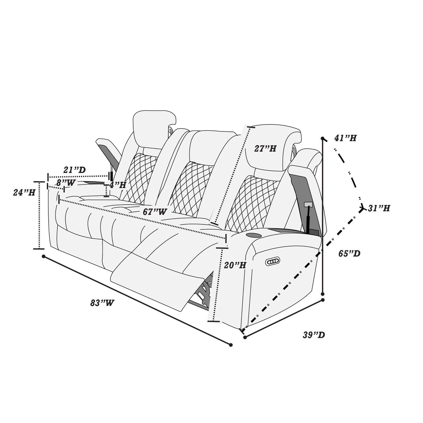Modern Inky Blue Reclining Sofa - 3 Seats Storage for Living Room