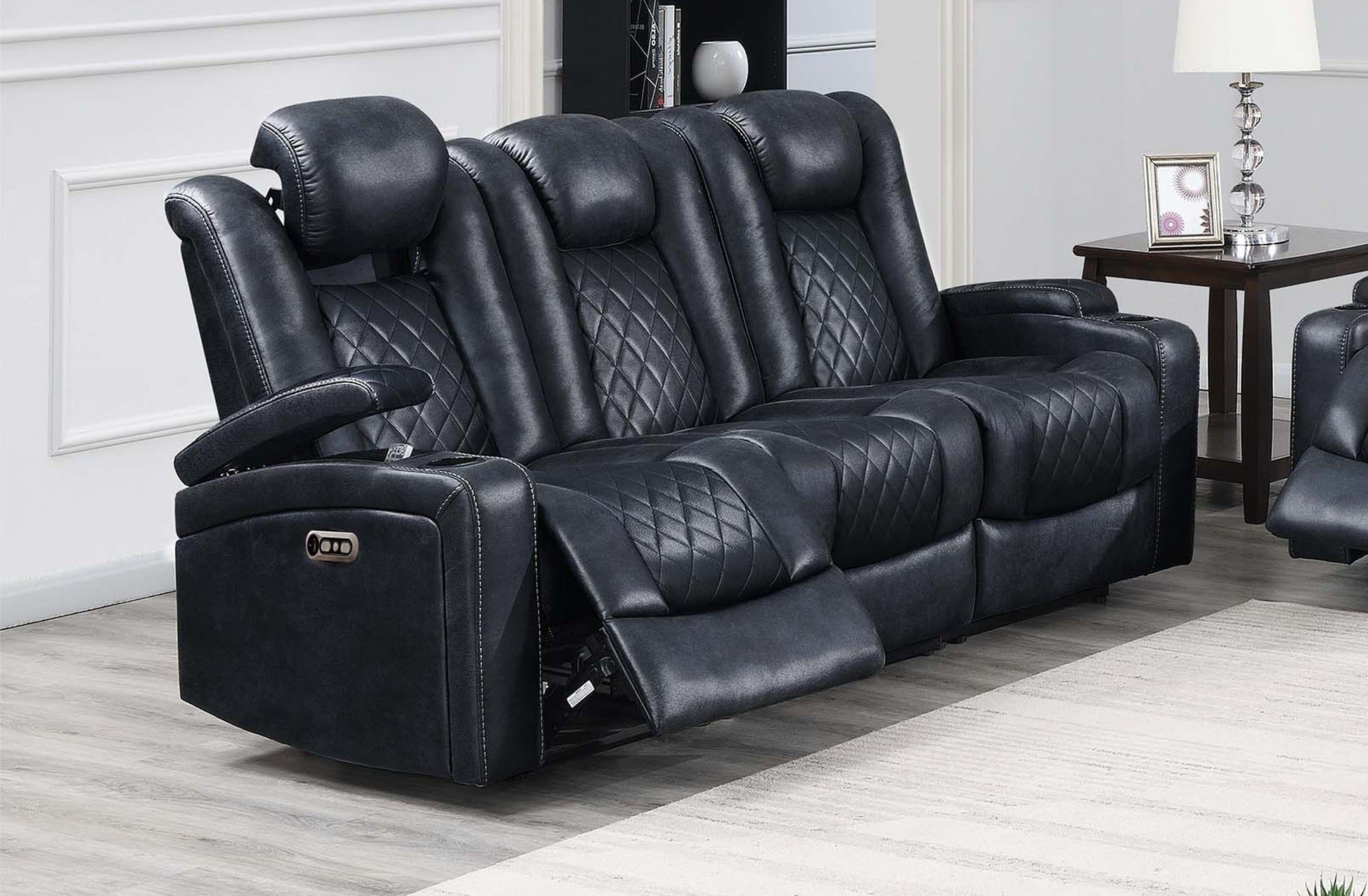 Modern Contemporary Style Power Reclining Sofa 1pc Adjustable Headrest Storage Sofa Cup Holder Ink Blue Finish Primary Living Room Furniture