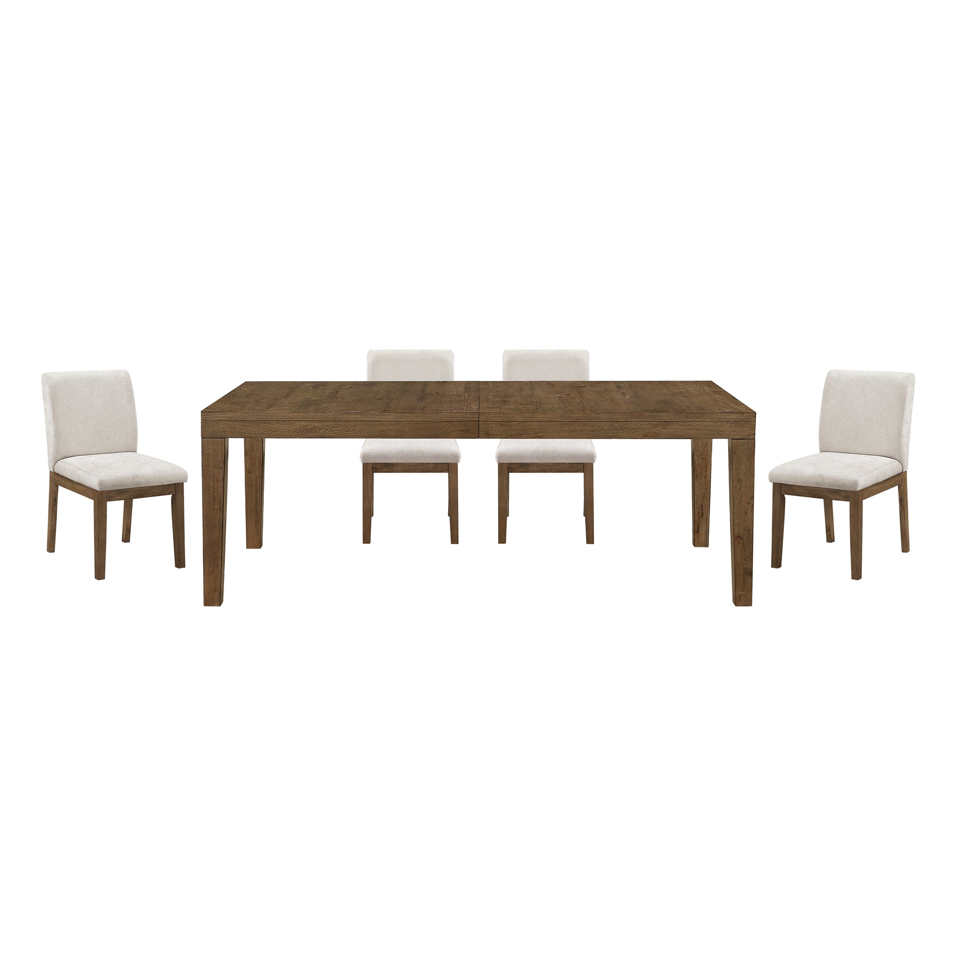 Brown Finish 5pc Dining Set Large Table and Upholstered Chairs Self-Storing Extension Leaf Sturdy Frame Wooden Furniture