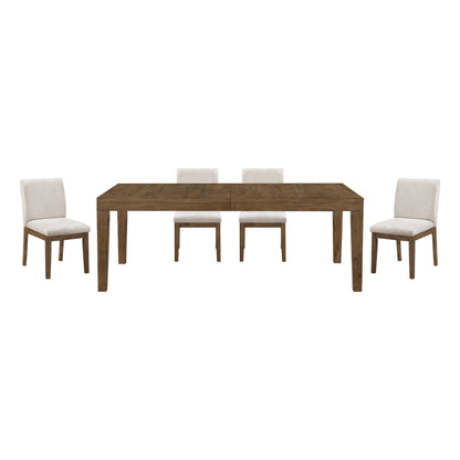 Brown Finish 5pc Dining Set Large Table and Upholstered Chairs Self-Storing Extension Leaf Sturdy Frame Wooden Furniture