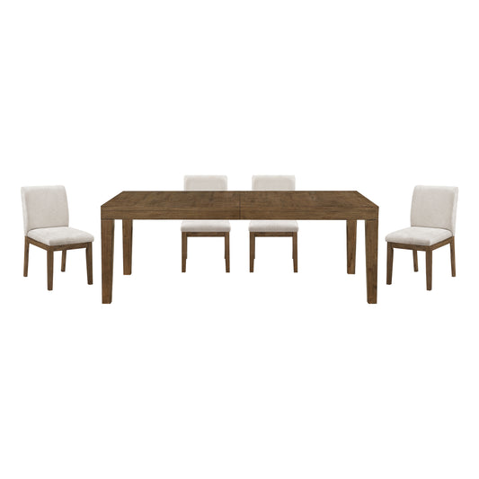 Brown Finish 5pc Dining Set Large Table and Upholstered Chairs Self-Storing Extension Leaf Sturdy Frame Wooden Furniture