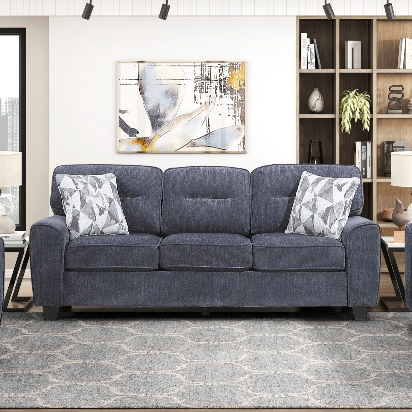 Blue 3 Seat Chenille Sofa - Contemporary Sofa