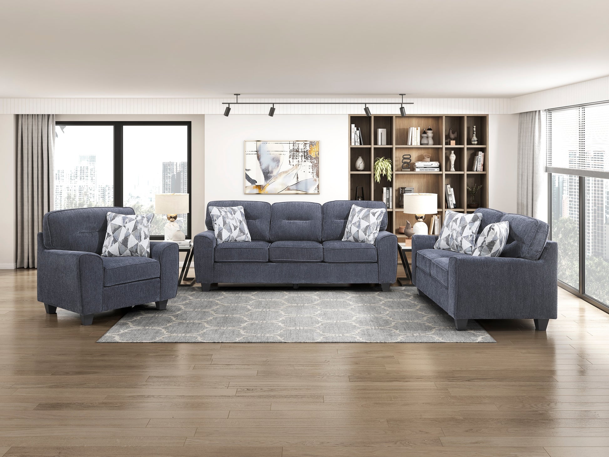 Blue 3 Seat Chenille Sofa - Contemporary Sofa