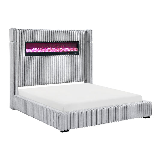 Luxury Queen Bed Wingback Headboard Decorative Built-in Fireplace Speaker Gray Corduroy Upholstered 1pc