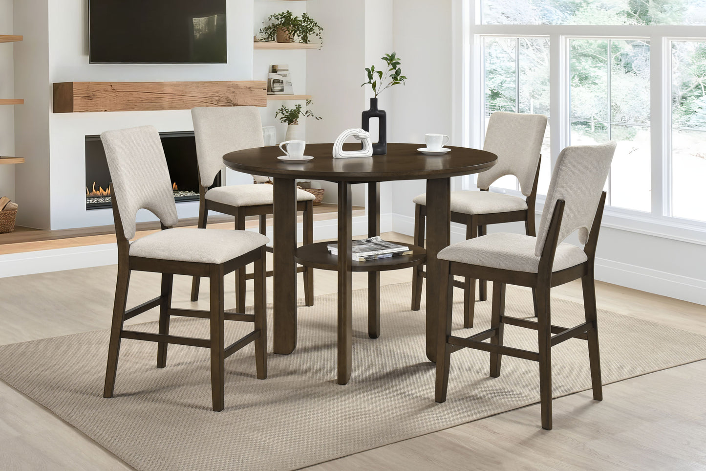 Contemporary Counter Height 5pc Dining Set Round Table with Shelf and 4x Chairs Comfort Light Beige Upholstery Dining Furniture