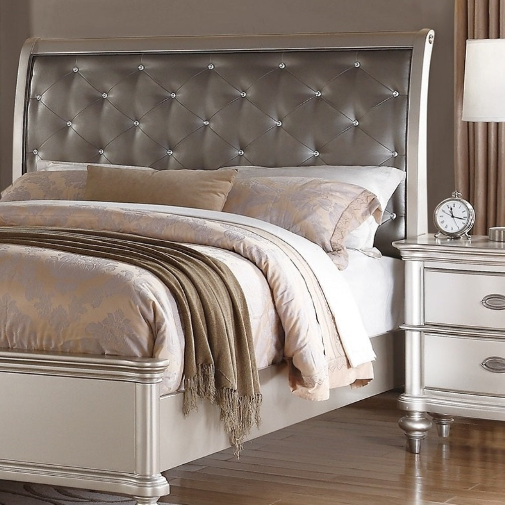 King Faux Leather Tufted Headboard in Champagne Silver Wood for Bedroom