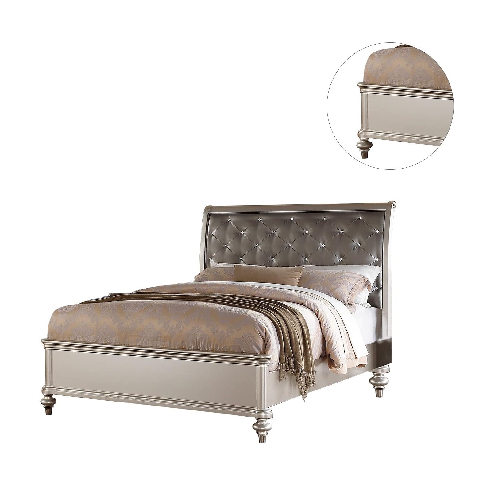 King Faux Leather Tufted Headboard in Champagne Silver Wood for Bedroom