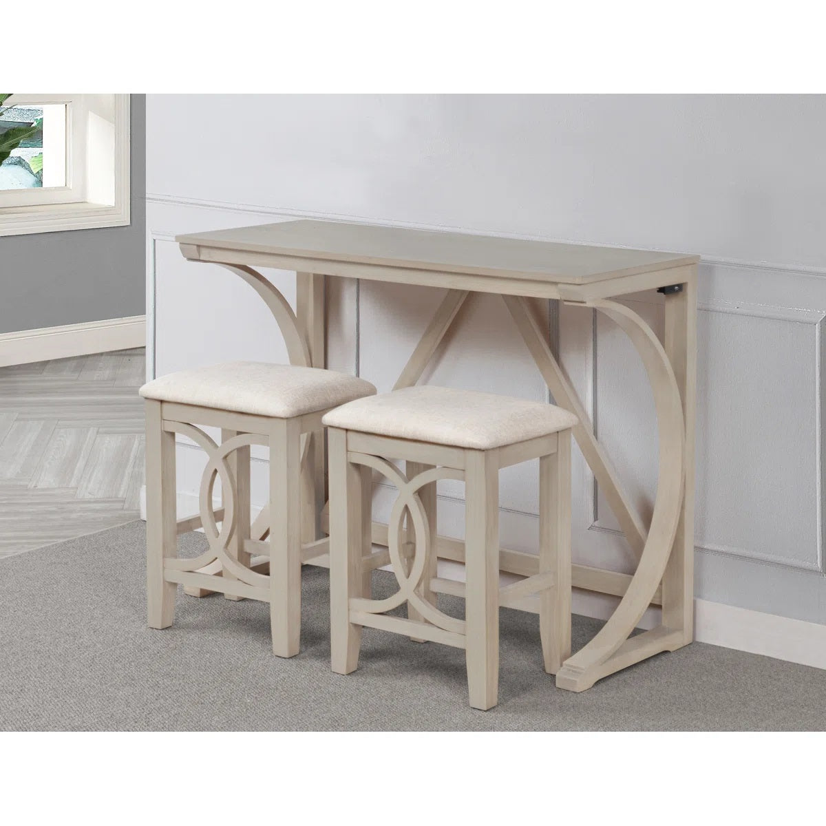 3-Piece Antique White Wood Counter Height Set with Dual-USB Ports