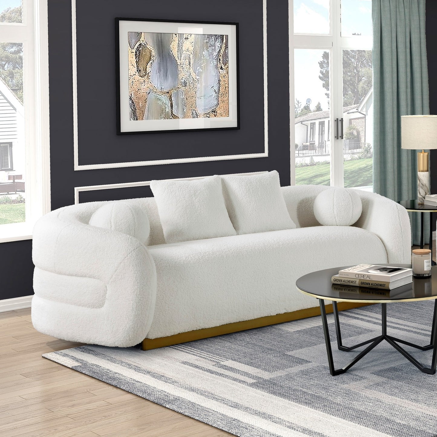 Luxurious Living Room Sofa with Pillows Soft White Fabric Upholstered Gold Accent Solid Wood Furniture 1pc Couch