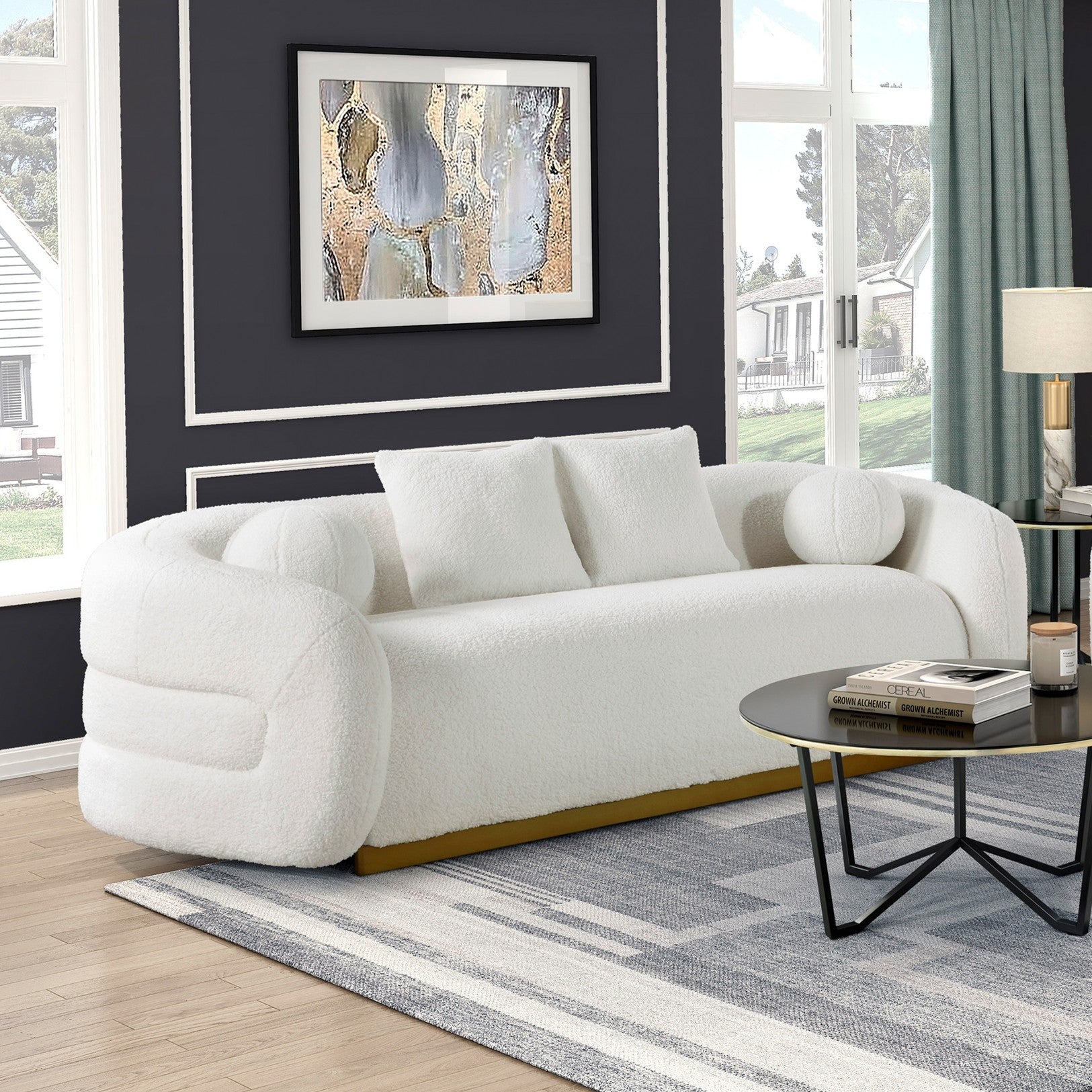 Luxurious Living Room Sofa with Pillows Soft White Fabric Upholstered Gold Accent Solid Wood Furniture 1pc Couch