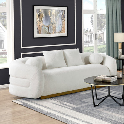 Luxurious Living Room Sofa with Pillows Soft White Fabric Upholstered Gold Accent Solid Wood Furniture 1pc Couch