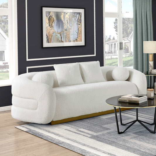 Luxurious Living Room Sofa with Pillows Soft White Fabric Upholstered Gold Accent Solid Wood Furniture 1pc Couch