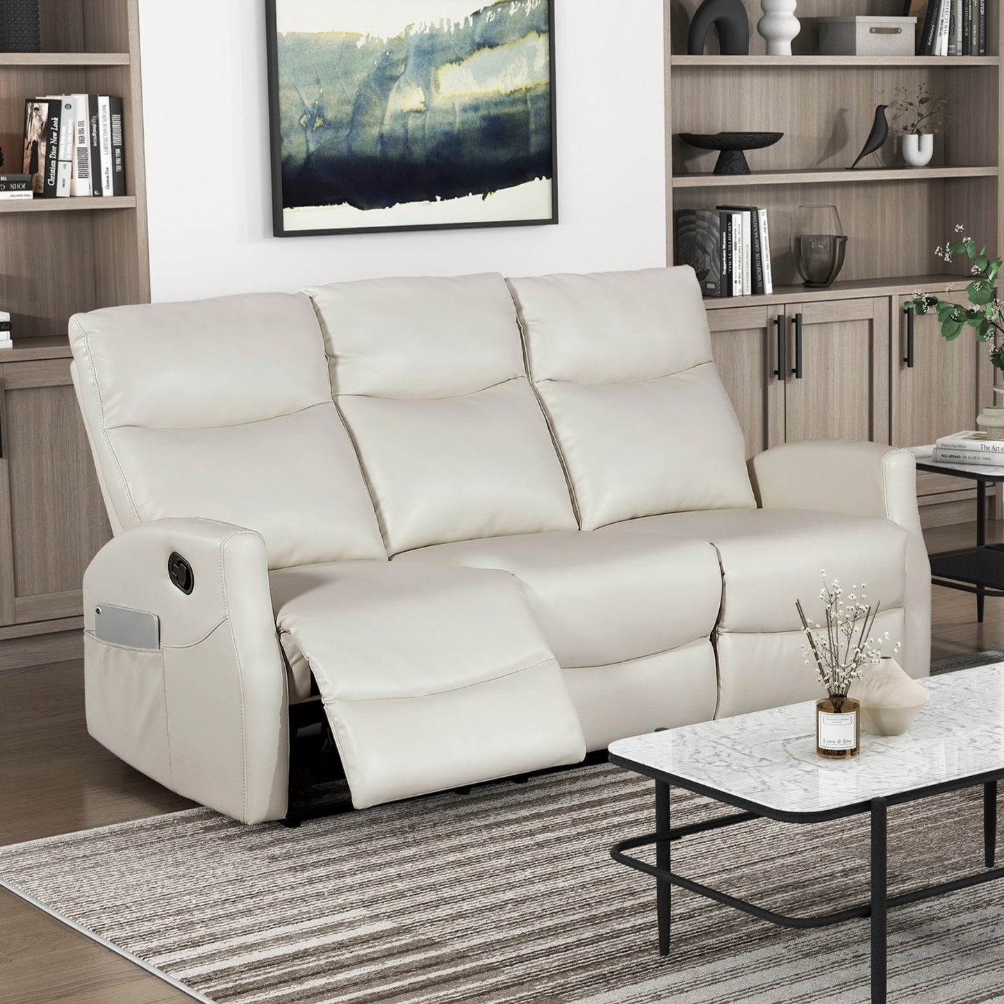 Contemporary Beige Double Reclining Sofa - Plywood Frame