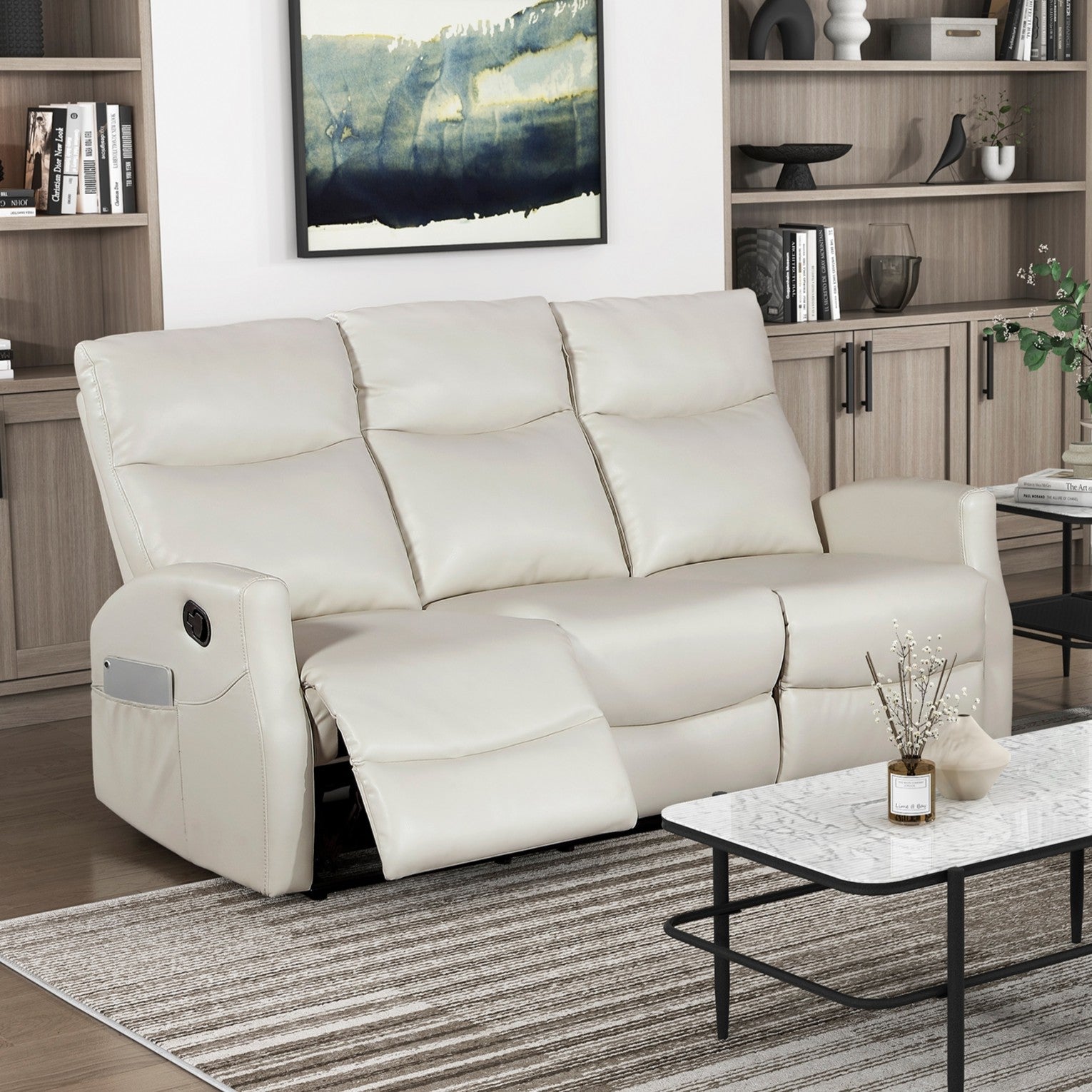 Contemporary Beige Double Reclining Sofa - Plywood Frame