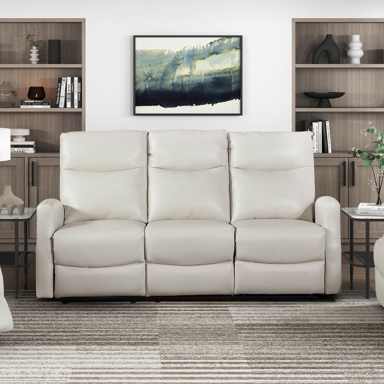 Contemporary Beige Double Reclining Sofa with Side Pocket 1pc Faux Leather Upholstery Plywood Living Room Furniture