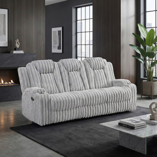 Light Gray Double Reclining Sofa with Cup Holders Ultra Comfort Premium Corduroy Upholstery Living Room Furniture 1pc