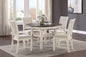 Antique White and Brown Finish 5pc Dining Set Table Base w Built-in Shelf and Fabric Upholstered 4x Side Chairs Wooden Dining Room Furniture