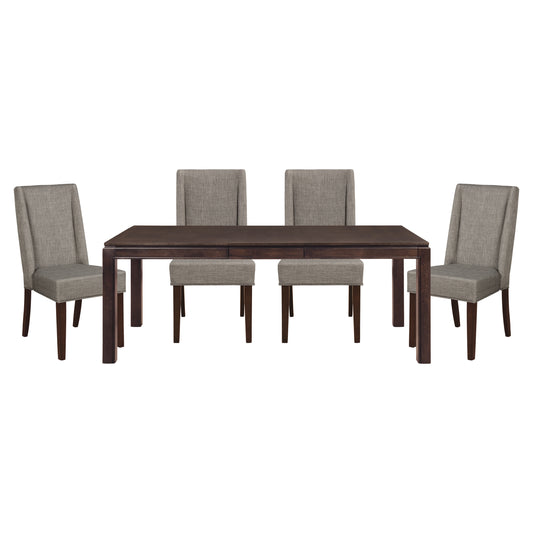 Contemporary Dark Brown 5pc Dining set Table with Extension Leaf and 4x Upholstered Side Chairs Modern Dining Room Furniture
