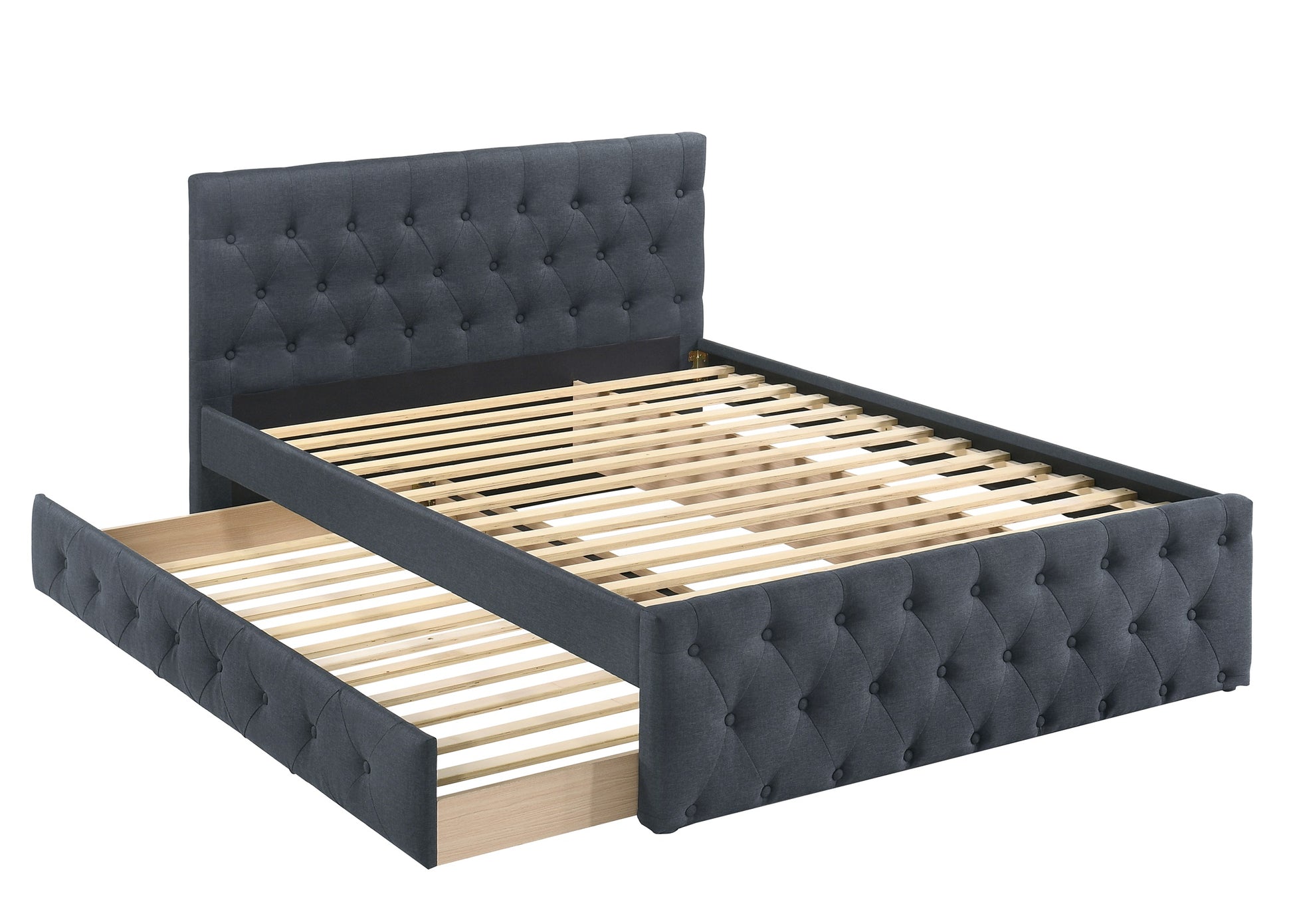 Charcoal Grey Burlap Upholstered Full Bed with Trundle for Bedroom